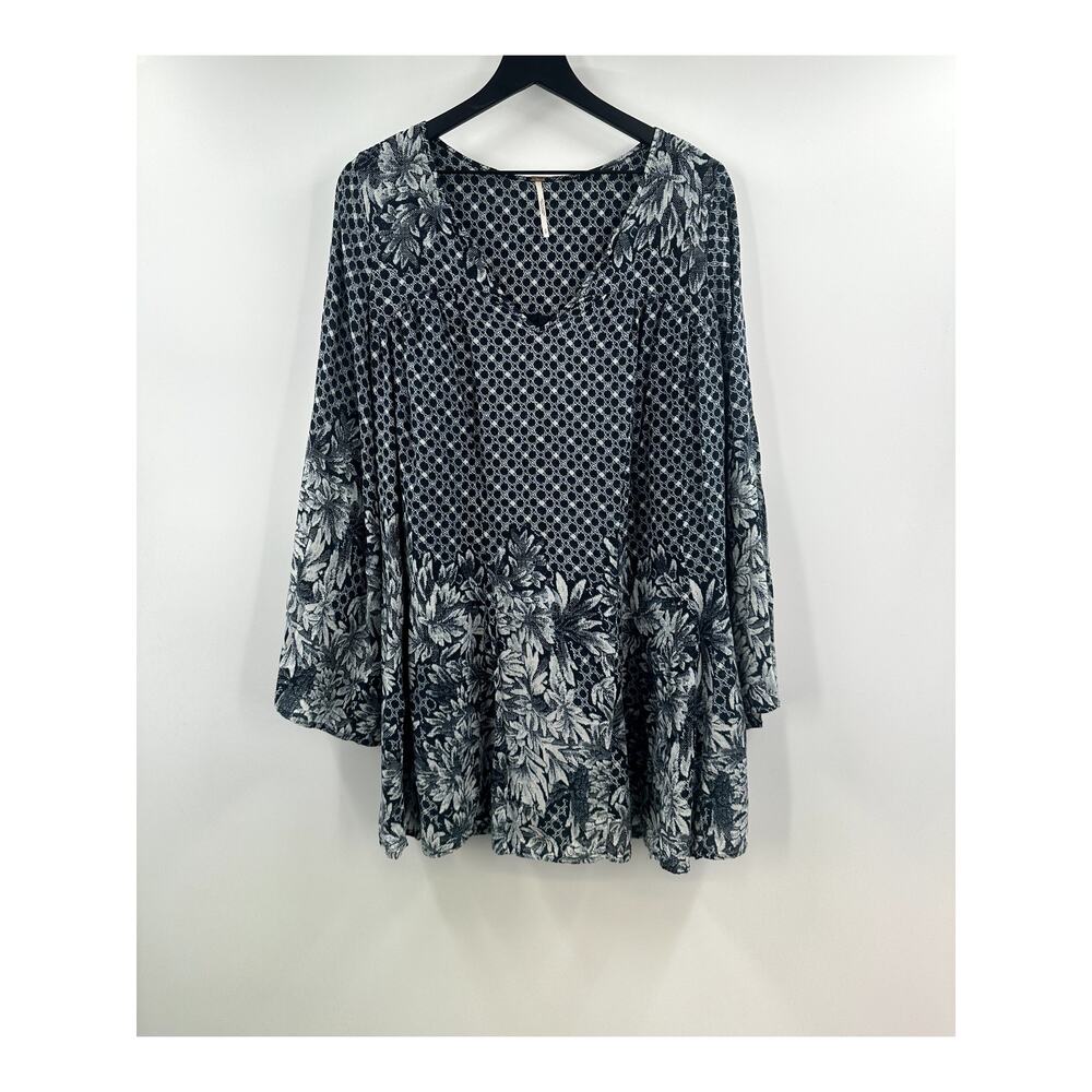 Free People Blue Boho Bell Sleeve Mini Dress/Tunic Blouse Size Small Oversized